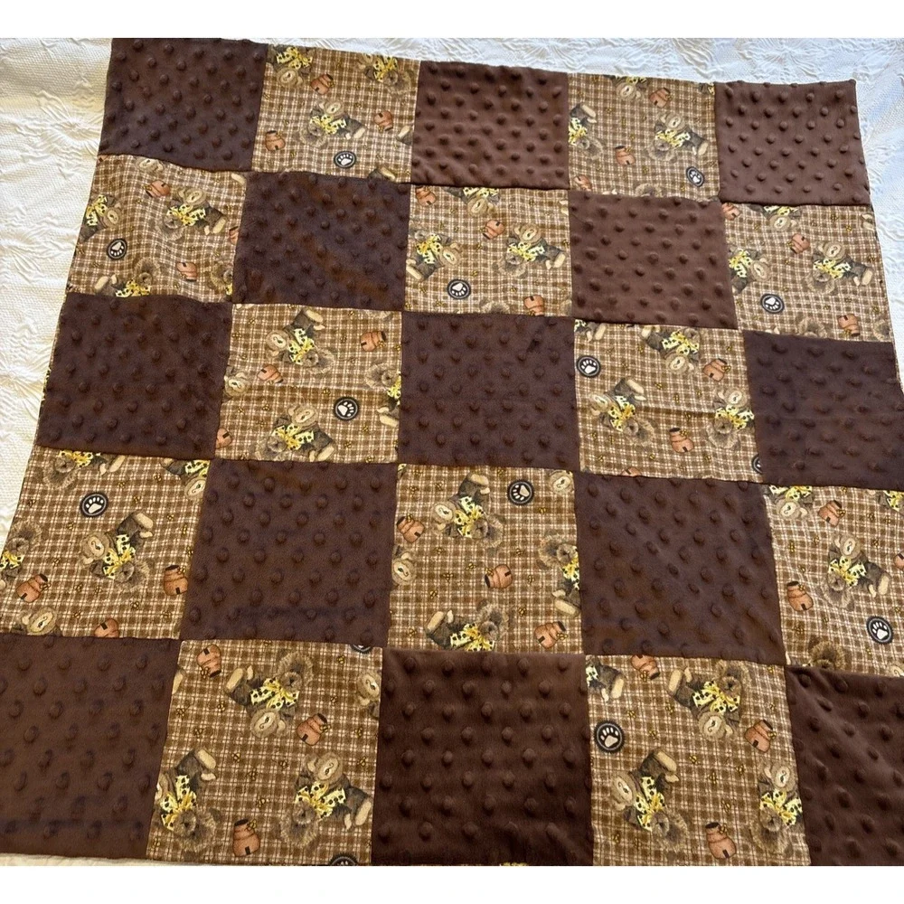 Vintage‎ Patchwork Quilt Table Topper, Four Patch Squares Bears Brown 2 Blankets